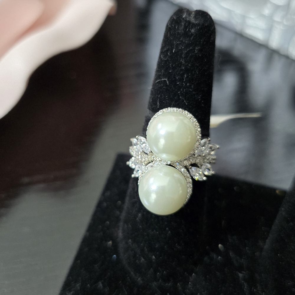 Elegant Double Pearl Sterling Silver Ring with Swarovski Crystals